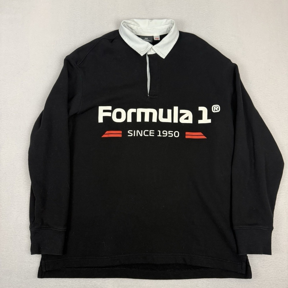 H&M x Formula 1 F1 Rugby Polo Shirt Mens XL Black Long Sleeve Relaxed Fit Y2K